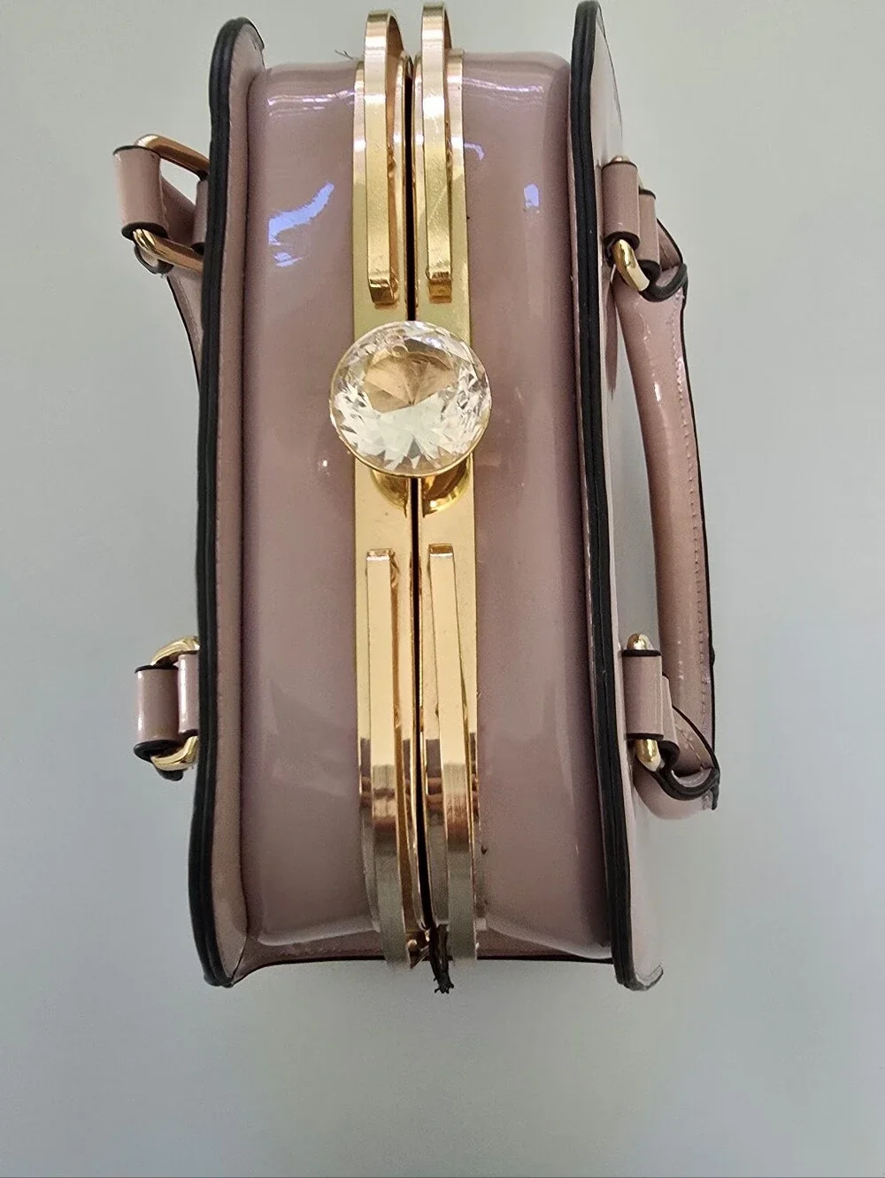 Retro Style Pink Patent Faux Leather Dome Satchel Handbag Crystal Clasp Purse